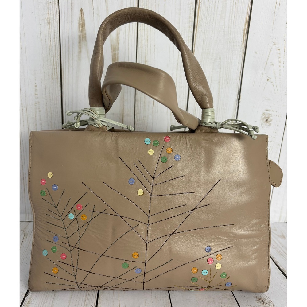 Radley London Tan Leather Embroidered Tree Satchel Handbag Scottie Dog Charm